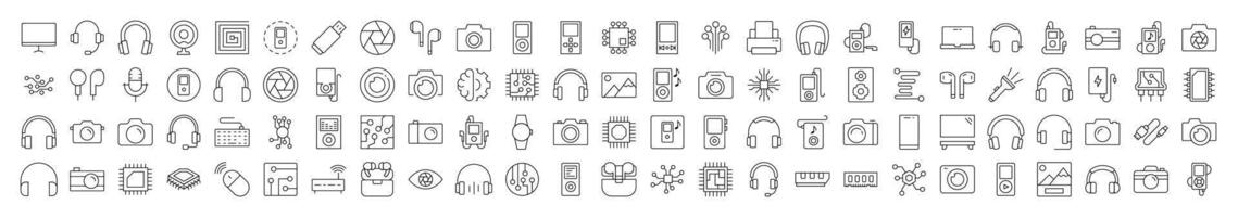 Pack of Sound Related Line Icons. Editable Stroke for Design, Web Sites, Apps, Cards. Contains Linear Images of Chip, Headphones, Camera vector