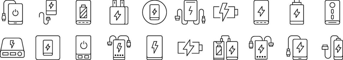 Set of Line Icons of Energy, Charger, Battery. Editable Stroke. Minimalistic Linear Pictogram for Design of Cards, Apps, Banners, Posts vector