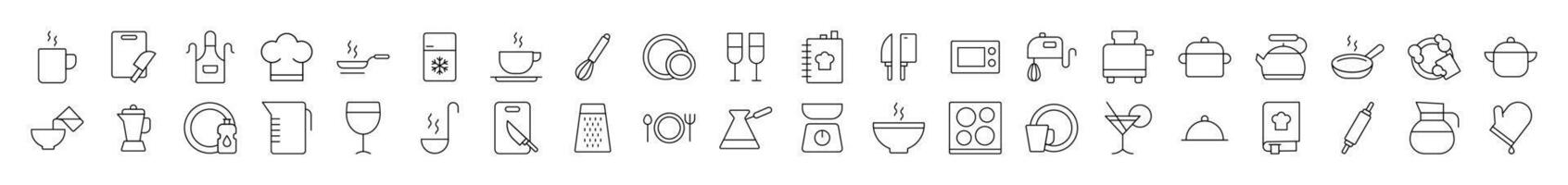 Simple Linear Illustration of Kitchen and Cooking. Contains Icons of Cutting Board, Frying Pan, Cutlery, Cookbook that Can Be Used for Design of Cards, Posts, Apps, Web Sites vector