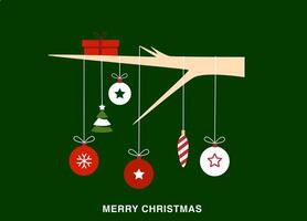 Green background with a tree branch on which Christmas balls and decorations vector