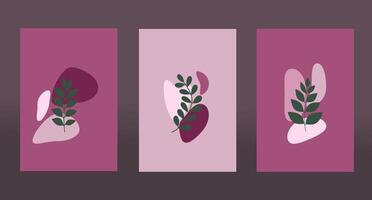 three abstract posters with branches over pink and purple shapes. The design is minimalist and modern. vector