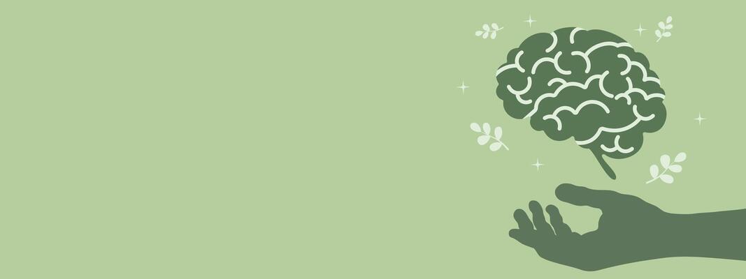 healthy, creative, clam mind or brain with leaves and stars in green background banner template