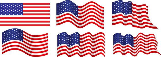 united state flag with different wave styles set template in red, blue and white vector