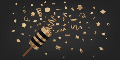 3D party firecracker confetti. Gold metallic various shapes elements isolated on dark background. Design For Happy New Year, surprise or promotion concept vector