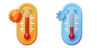 3D thermometers icons with sun and snowflake. Climate and forecast concept elements isolated on white background. Cold, snowy and heat vector
