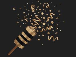 3D render gold confetti collection. Party firecracker metallic elements isolated on black background. Realistic various shapes set for party, surprise or promo concept vector