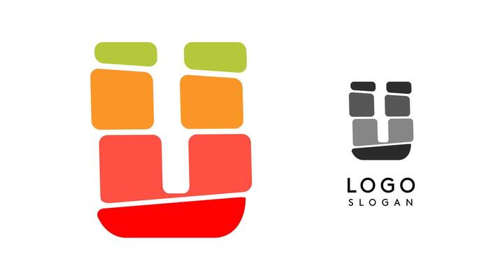 Bright colorful letter U, layers blocks like sandwich, stone balancing or rock stacking. Modern cartoon monogram for kid joyful book, blocky toys logo. illustration