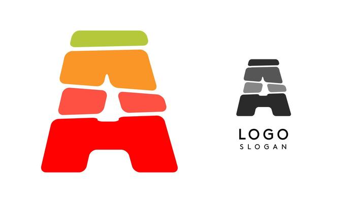 Bright colorful letter A, layers blocks like sandwich, stone balancing or rock stacking. Modern cartoon monogram for kid joyful book, fun logo. illustration