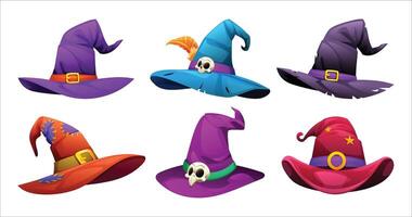 Set of various witch hats with feathers, skulls, and patterns. Cartoon illustration vector