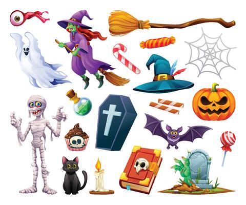 Halloween elements with spooky characters like witch, ghost, and pumpkin in cartoon style. Cartoon illustration.