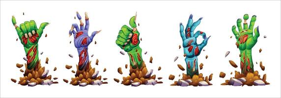 Set of zombie hands with torn skin, emerging from the ground in eerie gestures. Cartoon illustration vector