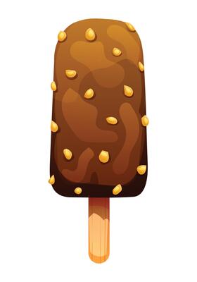 Ice cream stick with chocolate and nut topping, frozen dessert with a crunchy texture. Cartoon illustration