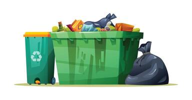 Large dumpster overflowing with garbage, next to a recycling bin and trash bag. Cartoon illustration vector