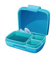 Empty lunch box with spoon and fork in blue container. Cartoon illustration vector