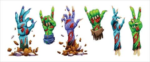 Set of zombie hands with various gestures rising from the ground in different poses. Cartoon illustration vector