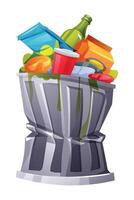 Full trash bin with bottles, packaging, and food waste spilling out, in a dented container. Cartoon illustration vector