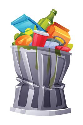Full trash bin with bottles, packaging, and food waste spilling out, in a dented container. Cartoon illustration