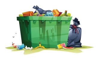 Overflowing dumpster with trash and garbage scattered on the ground, including flies. Cartoon illustration vector
