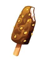 Bitten ice cream stick covered in chocolate and nuts with a crunchy texture. Cartoon illustration vector