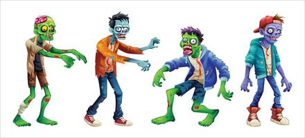 Set of cartoon zombie characters standing in various poses with creepy expressions illustration vector