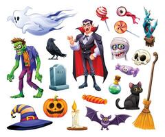 Set of various Halloween characters and objects, including zombie, witch, and pumpkin. Cartoon illustration vector