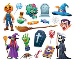 Set of various Halloween characters and objects, including pumpkin, grim reaper, and witch. Cartoon illustration vector