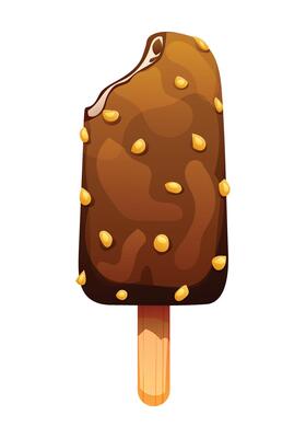 Bitten ice cream stick with chocolate and nut topping, frozen dessert with a crunchy texture. Cartoon illustration