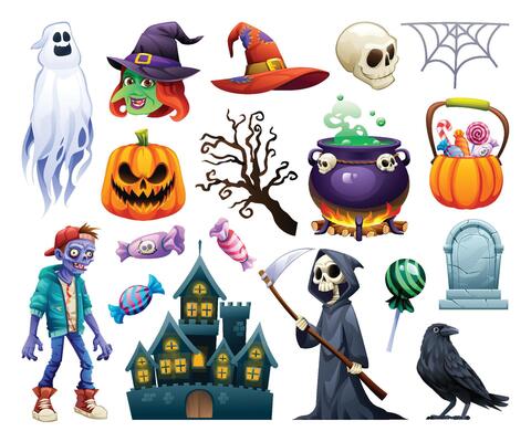 Halloween elements including zombie, witch, grim reaper, pumpkin, and haunted objects. Cartoon illustration