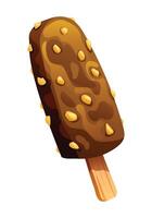 Ice cream stick covered in chocolate and nuts with a crunchy texture. Cartoon illustration vector