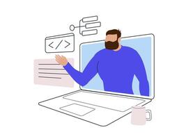 male character from laptop screen in a virtual meeting technology and coding symbols. modern, minimalistic style for online education poster, banner, illustration design. vector