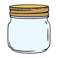 glass jar with a light blue tint and a golden lid in a cartoon style, showcasing a cylindrical shape with a wider opening at the top. vector
