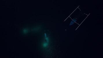 Drone view of divers go night diving after sunset with flashlights in Bali video