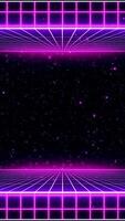 Retro style 80s-90s futuristic grid wireframe backdrop. Digital landscape neon dance style retro party laser pattern background. video