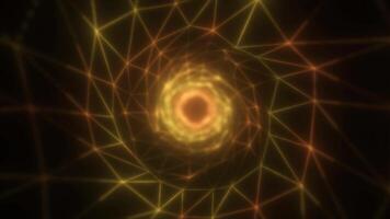 A glowing golden wireframe tunnel spiraling towards a bright center, creating a mesmerizing abstract design for technology, sci-fi, and digital themes, video