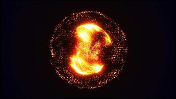 A glowing, fiery sphere with swirling particles and intense energy of heat and motion of energy, fire, and dynamic forces in a futuristic cosmic setting video