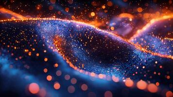 An abstract depiction of a glowing digital energy field in orange and blue, featuring bright particles and flowing lines of light video