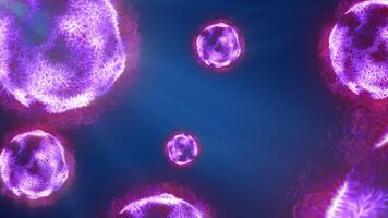 A vibrant depiction of glowing purple spheres, resembling microscopic particles or cells, floating in a deep blue space illuminated by soft rays of light video