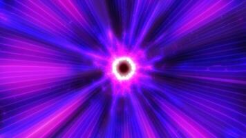 A mesmerizing burst of neon pink and blue light rays converging at a bright core in dynamic energy futuristic sci-fi or technology-related tunnel effect video