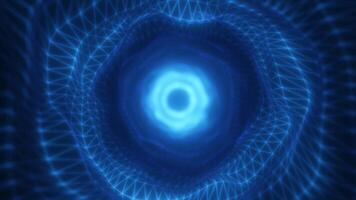 A glowing blue vortex with geometric wireframe patterns converging toward the center, creating a futuristic and digital abstract tunnel tech sci-fi effect video