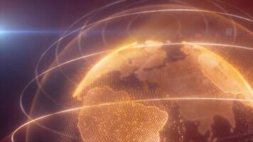 A digital representation of yellow Earth with glowing lines encircling the planet, highlighting global connectivity and technology video