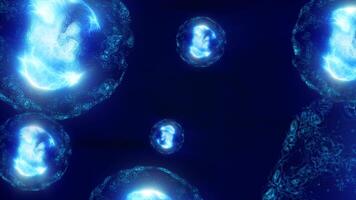 A vibrant depiction of floating blue spheres in a cosmic environment, resembling microscopic particles or cells in a glowing, ethereal space, video