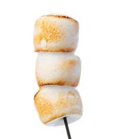 Grilled marshmallows on sticks isolated on white photo