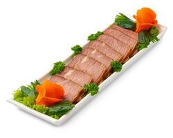 Cold smoked meat plate with salad leaves isolated on white photo