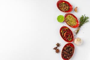 Bowls with various spices on white background photo