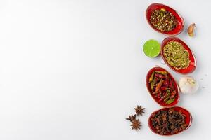 Bowls with various spices on white background photo