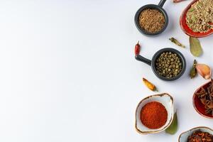 Bowls with various spices on white background photo