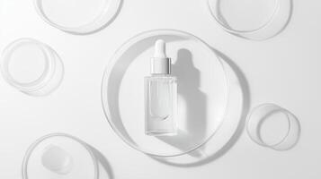 Clear skincare serum bottle arranged artistically in circles on a clean white surface, showcasing minimalistic design for beauty enthusiasts photo
