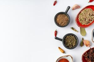 Bowls with various spices on white background photo