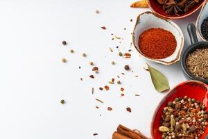 Bowls with various spices on white background photo