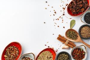 Bowls with various spices on white background photo